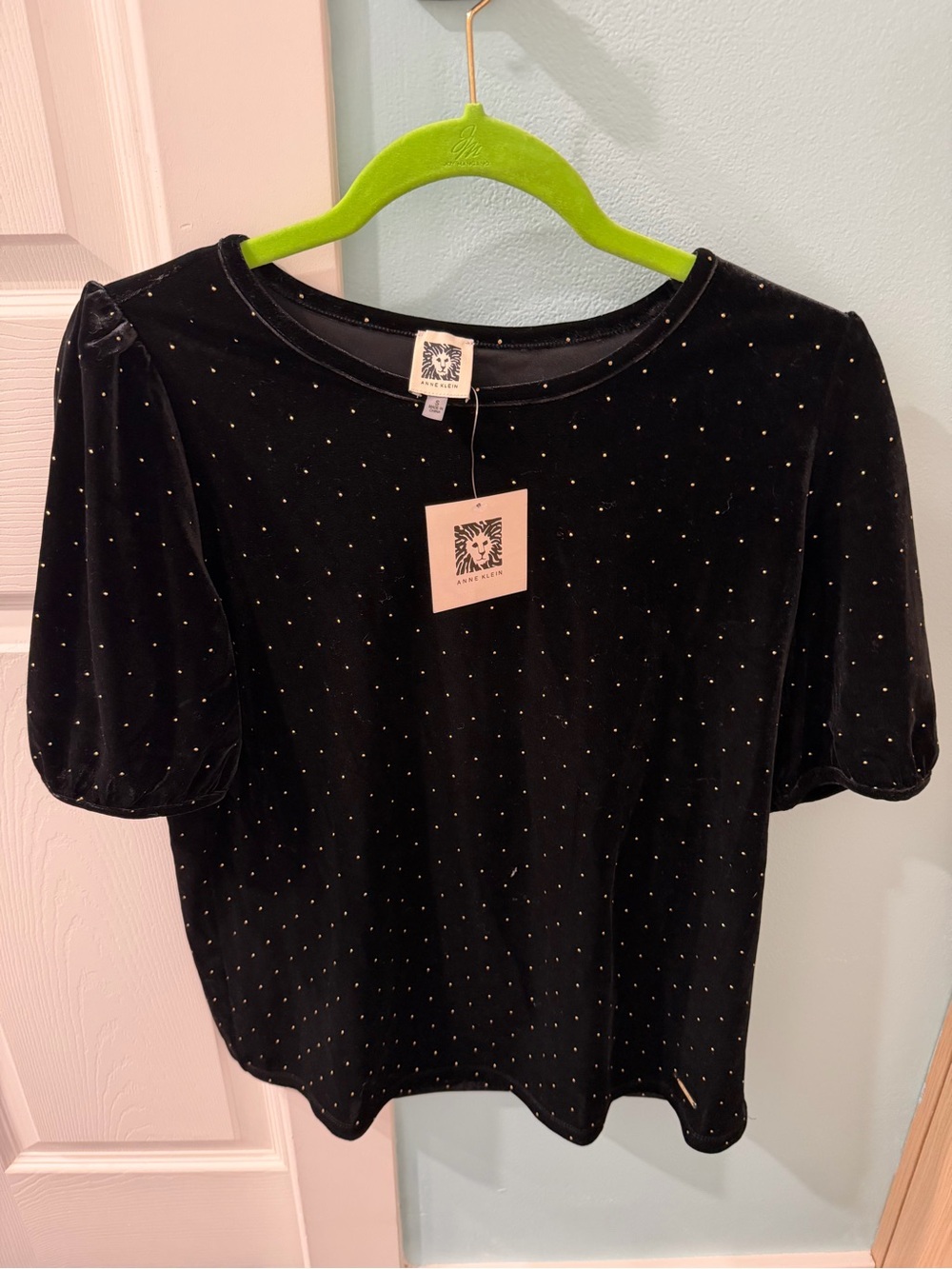 Anne Klein Black Velvet Puff Sleeve Top with Gold Dot Accents